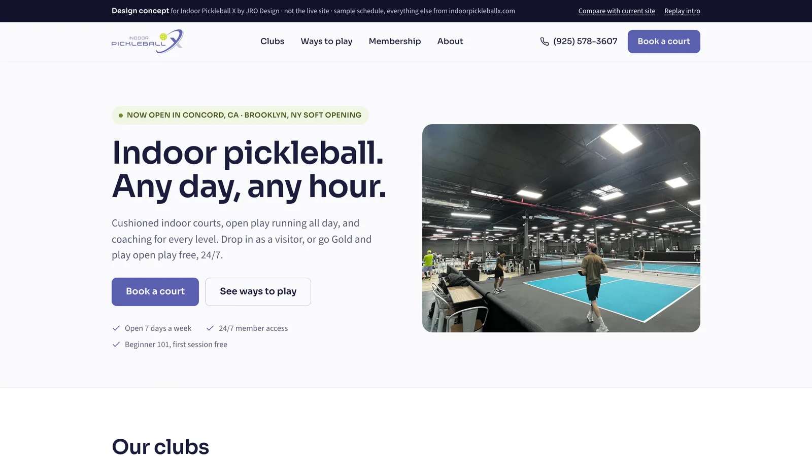 Indoor Pickleball X — homepage hero in a wide view