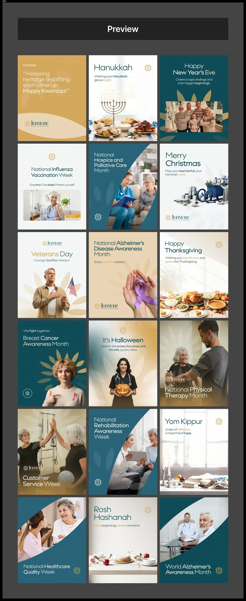 Lionstone Healthcare — social media grid on a phone