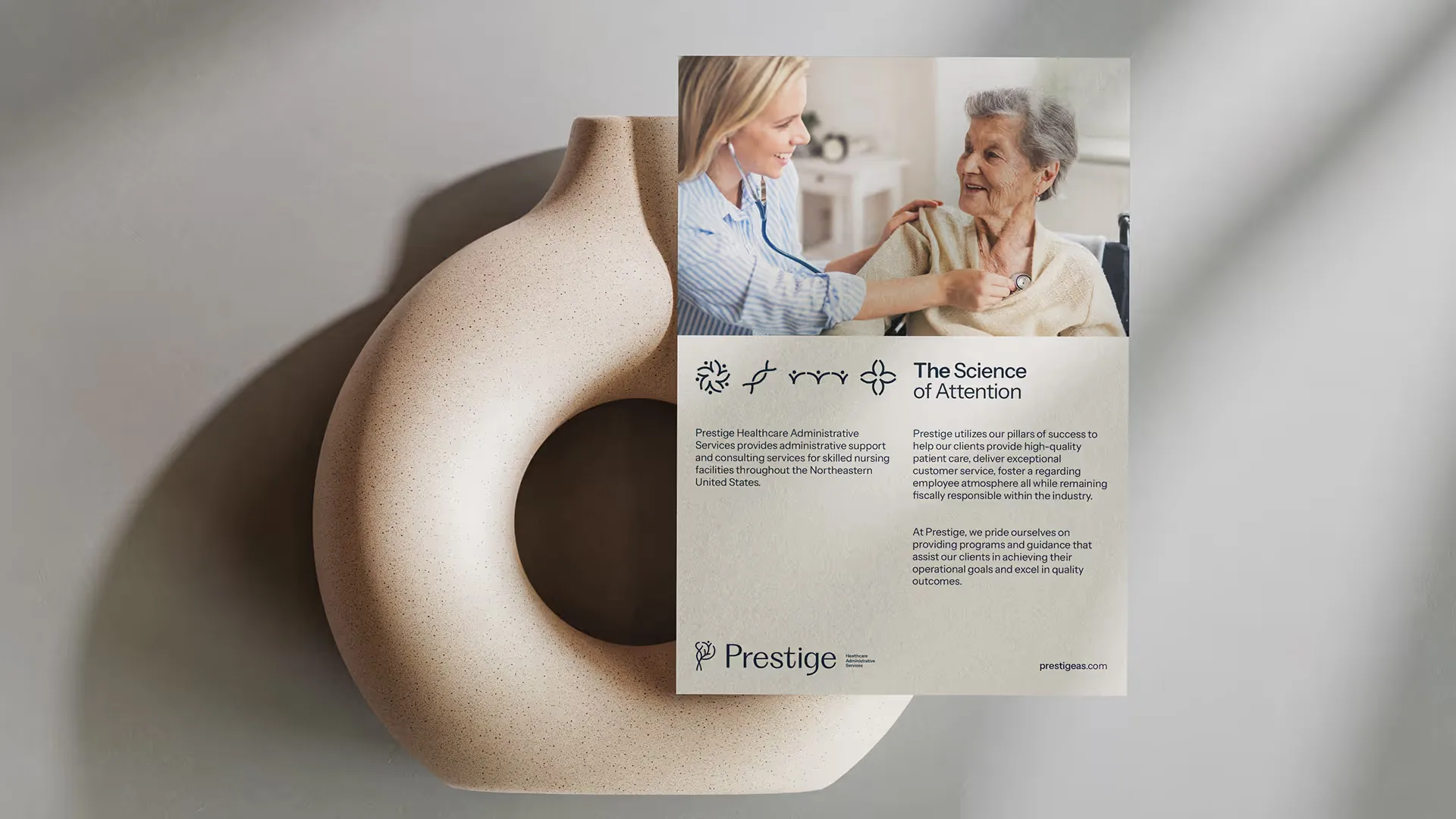 Prestige Healthcare — brochure page with the icon set and a caregiver photo