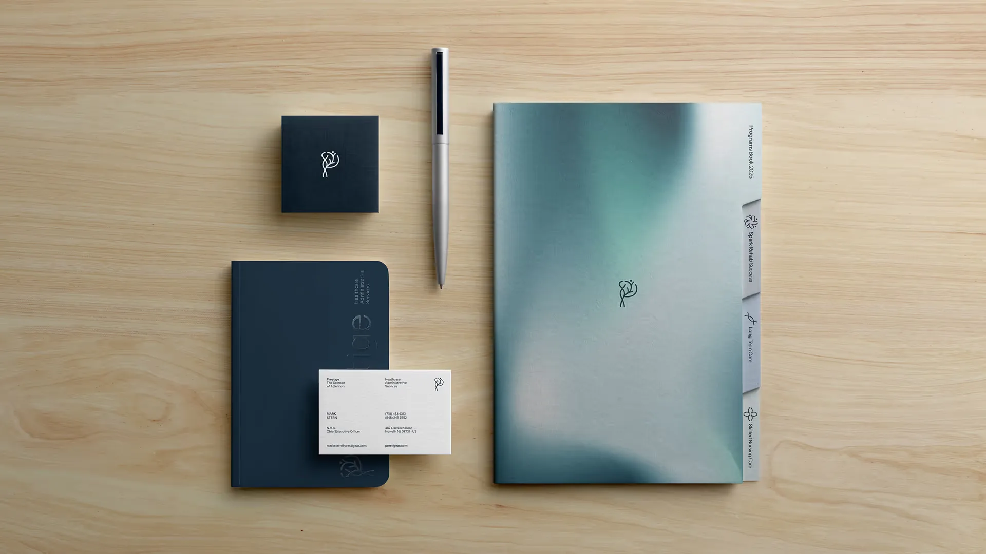 Prestige Healthcare — stationery: folder, notebook, business cards and pen