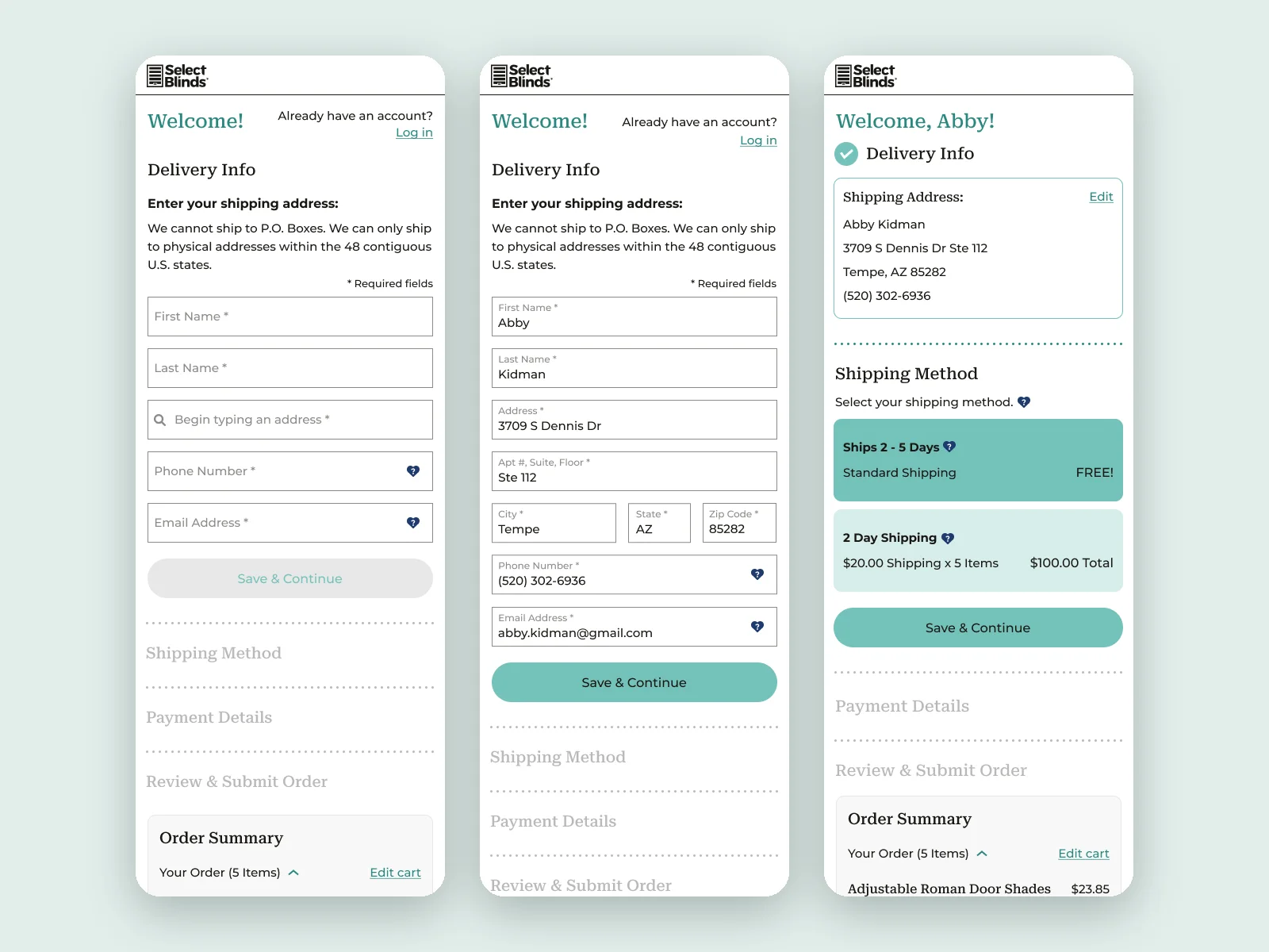 Selectblinds Checkout — delivery details and shipping method screens