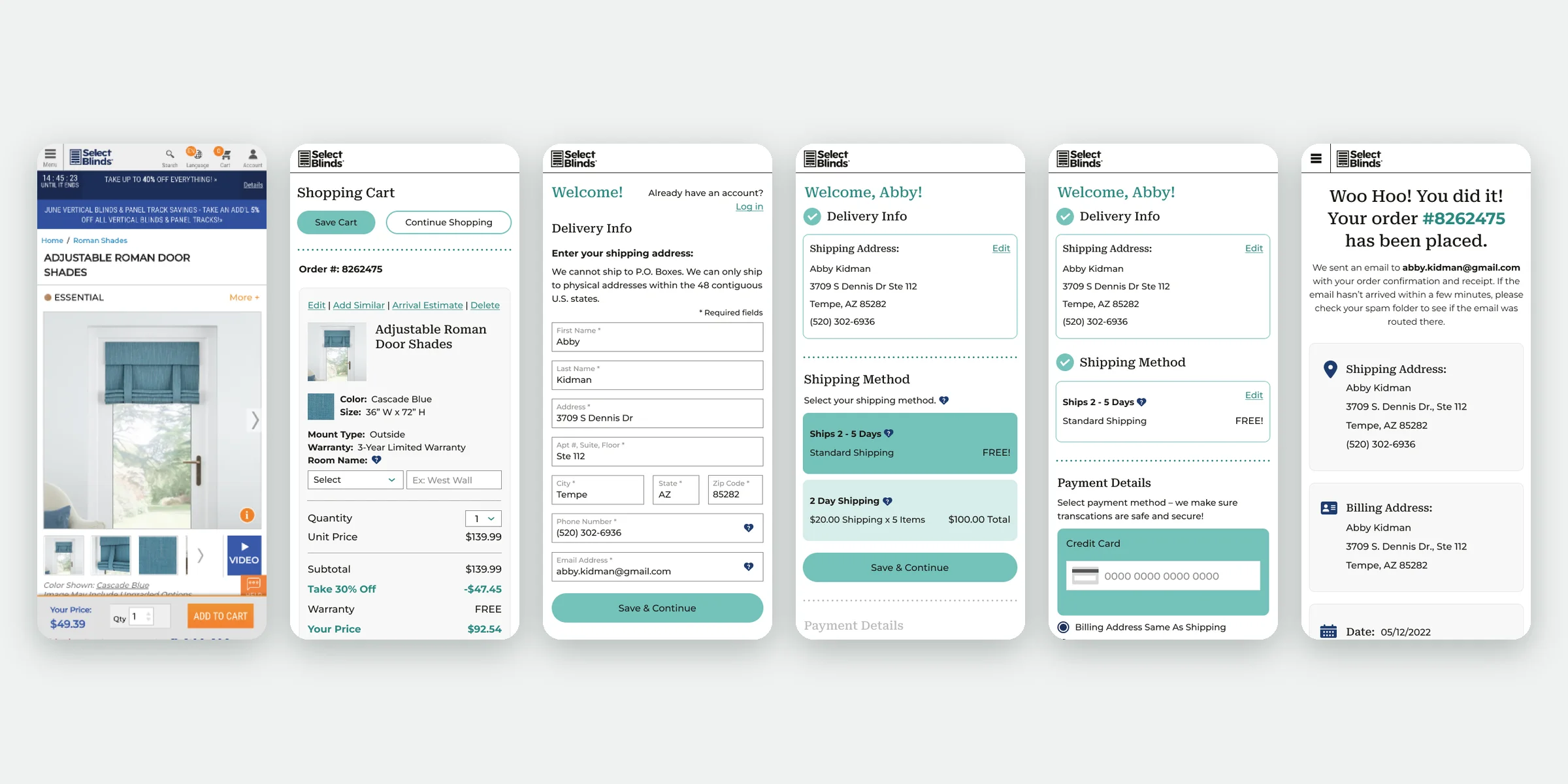 Selectblinds Checkout — the full checkout flow, screen by screen