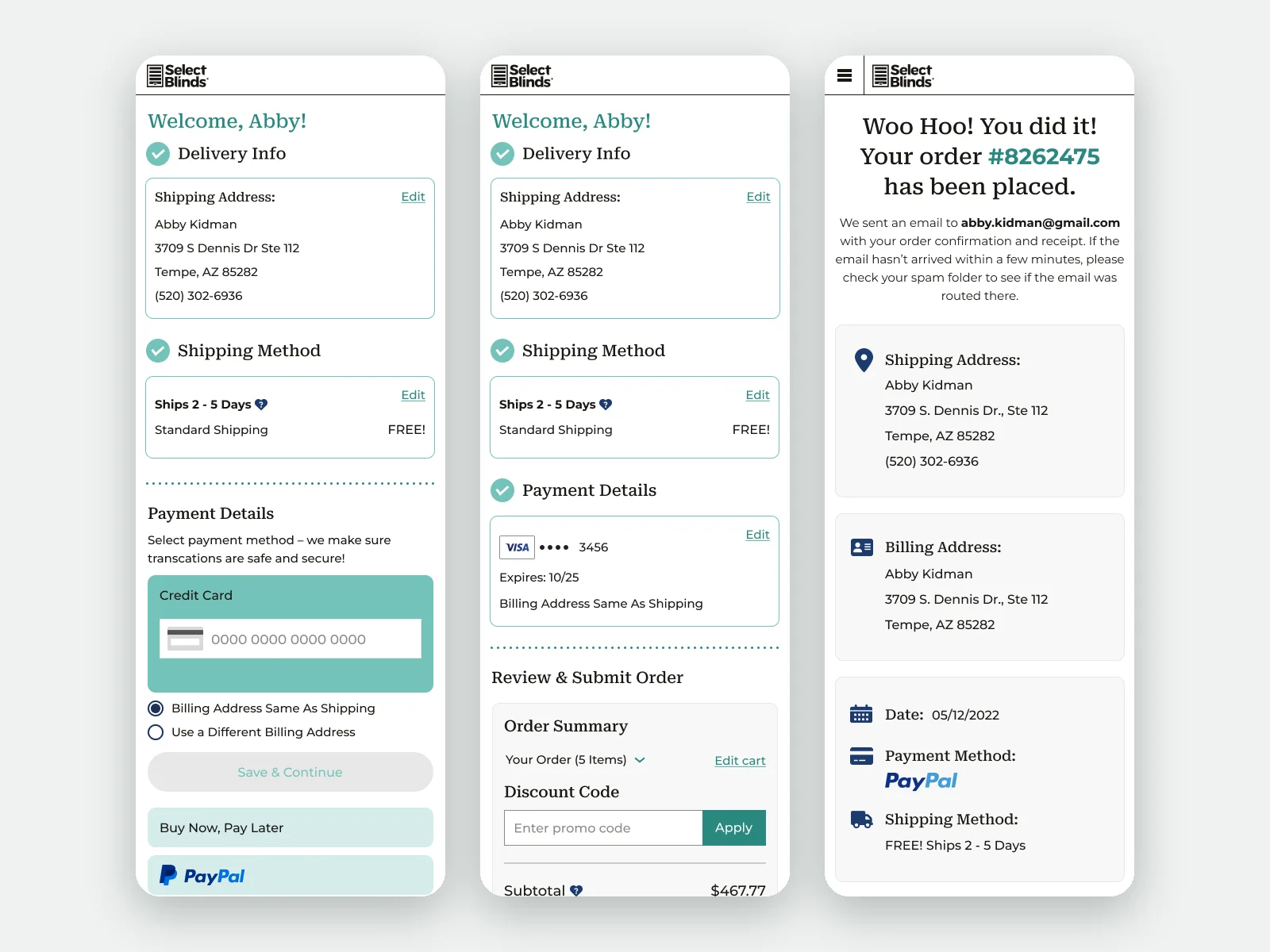 Selectblinds Checkout — payment and order confirmation screens