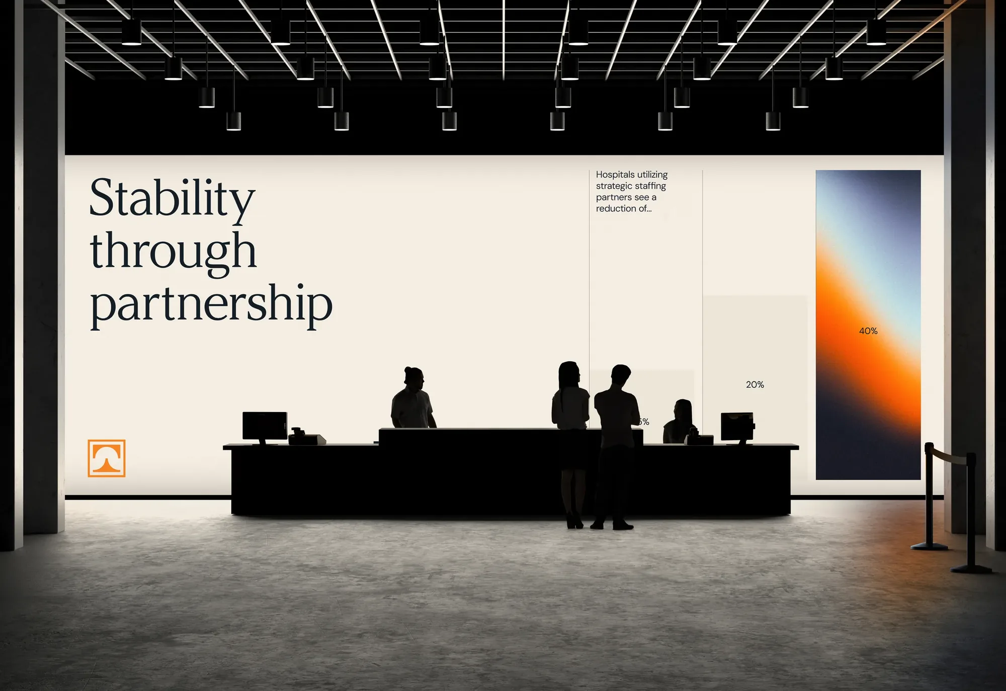 Towne Group — branded reception area, “Stability through partnership”