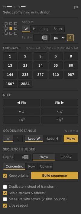 The Golden Scale panel in Illustrator: a 3×3 reference point, width and height toggles, a grid of Fibonacci number buttons from 1 to 2584, Fibonacci and golden-ratio step buttons, golden-rectangle and sequence-builder controls, and option checkboxes.