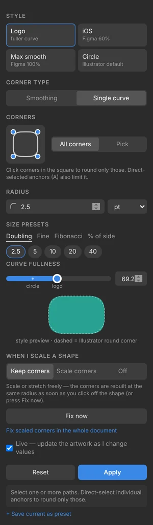 The Smooth Corners panel in Illustrator: style buttons for Logo, iOS, Max smooth and Circle, a corner picker, a 2.5 pt radius with size presets, a curve-fullness slider with a teal preview shape, scaling options, and Reset and Apply buttons.